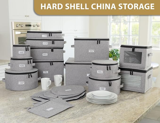 China Storage Case for Bowls or Dessert Plates - Fit plates up to 8" W - Includes 12 Felt Dividers - Hard Shell and Stackable with Fully Padded Interior