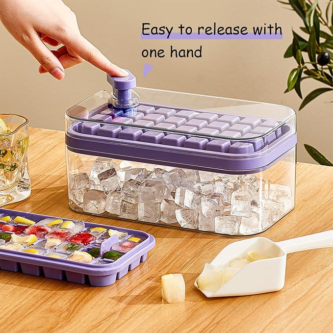 Ice Cube Tray with Lid and Bin, 2 Pack Ice Cube Trays for Freezer, 64 Pcs Ice Cube Mold, Press Button Easy Release Ice Tray, Small Ice Cubes Maker for Drinks (Purple)