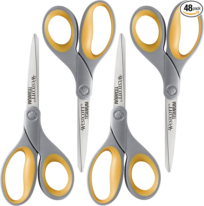 Westcott 8-Inch Titanium Bonded Scissors for Home, Office, and Classroom - Perfect for Cutting Paper, Sewing, and Crafts - Heavy-Duty Design with Soft Handle - Gray/Yellow (Pack of 48)