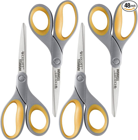 Westcott 8-Inch Titanium Bonded Scissors for Home, Office, and Classroom - Perfect for Cutting Paper, Sewing, and Crafts - Heavy-Duty Design with Soft Handle - Gray/Yellow (Pack of 48)