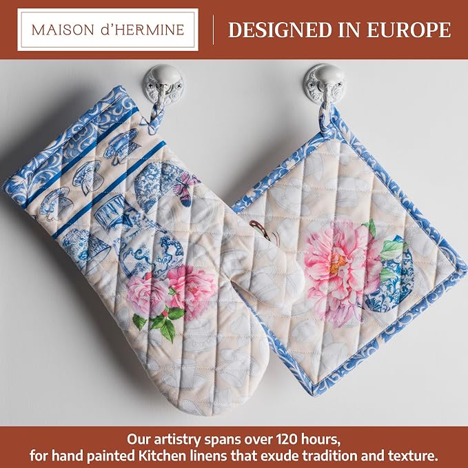 Maison d' Hermine 100% Cotton Oven Mitt & Pot Holder Set (7.5"x13" & 8"x8") | Heat Resistant BBQ Cooking Gloves with Loop Baking Grilling Kitchen Hotel Home Farmhouse Spring Summer - Canton