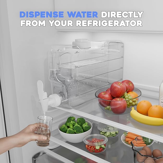Refrigerator Water Dispenser 1.1 Gallon Bottle with Spigot - BPA Free Plastic Slim Water Jug with Spout Leak Proof | Refillable Fridge Water Container, Convenient Handles (Clear)