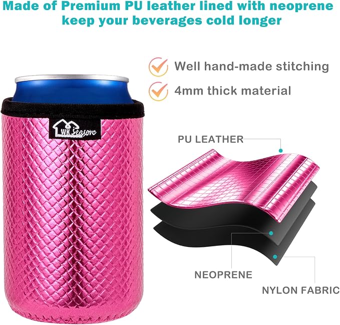 WKIEASON 12OZ Standard Can Coolers Sleeve Neoprene Can Coozies Insulators Can Koozies Cover for Beer Bottle PU Leather Neoprene Can Coolier for Soda Beverage Cokecola Can Sleeves-3PCS Pack