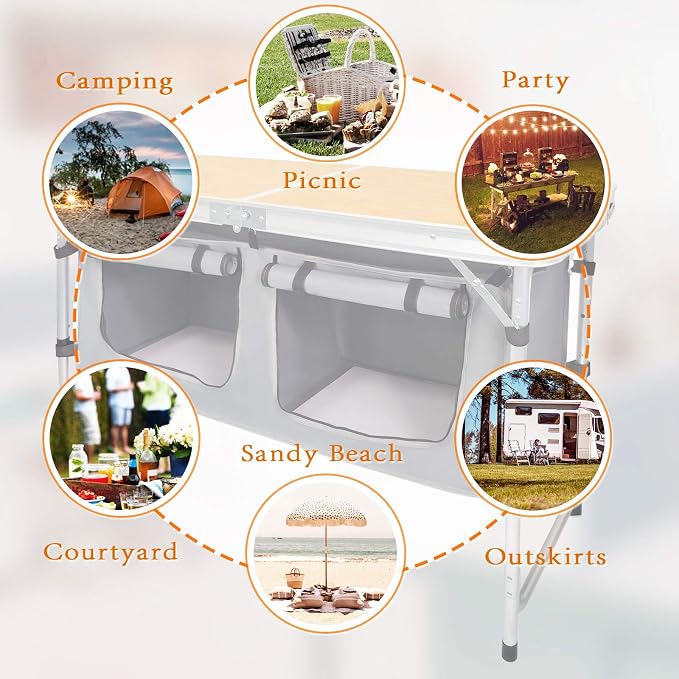 CampLand Outdoor Folding Table Aluminum Lightweight Height Adjustable with Storage Organizer for BBQ, Party, Camping