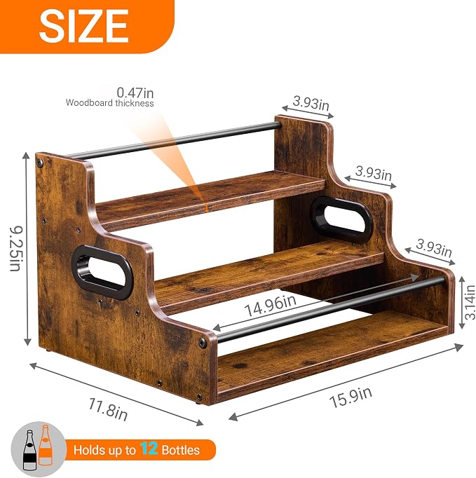 YQBRAO Liquor Bottle Display Shelf, 3-Tier Bar Shelves for Liquor Whiskey, Spirits, Coffee Syrup Rack Organizer with Handles & Metal Guardrail, Bar Bottle Stand for Home, Kitchen, Cafe