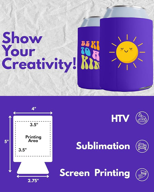 PartyPrints 100 Pack Purple Blank Can Cooler Sleeves, Customizable Bulk Insulated Foam for Beer, Collapsible Plain Drink Holder, Cold Soda Insulator, 12oz Regular, 16oz Tall Cans
