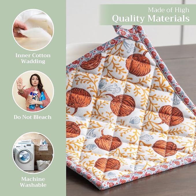 Maison d' Hermine Pot Holders 100% Cotton Potholders (8" x 8", Pack of 2) | Heat Resistant Hot Pads with Loop BBQ Cooking Baking Kitchen Handling Hot Pans Thanksgiving Christmas - Harvest Festival