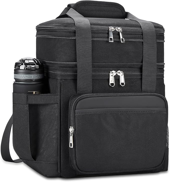 holuxer Insulated Lunch Bag & Lunch Box for Men - Double Deck Reusable Lunch Bag for Women Tote Cooler Bag Leakproof Soft Expandable - Extra Large Lunchbox for Work/Adult/Picnic/Outdoor (Black，22L)