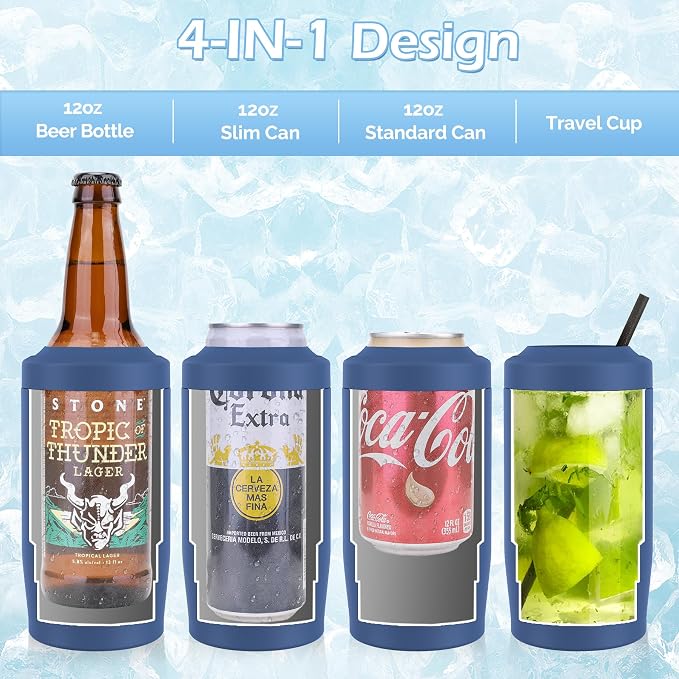 Morefeel 4-in-1 Insulated Can Cooler for 12 oz Cans & Bottles | 304 Stainless Steel Can Holder Fits 12 Oz Slim Cans, Standard Cans, Beer Bottles & Works as A Open Cup; Dishwasher Safe