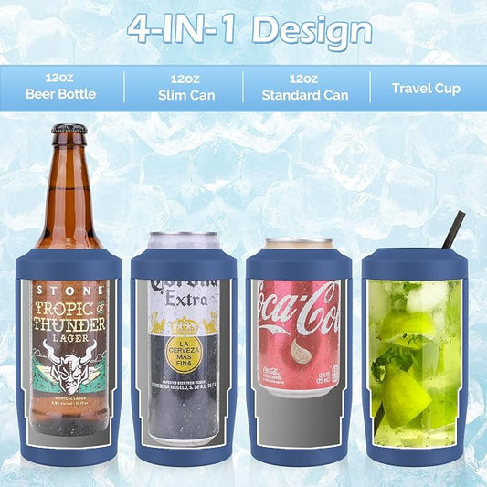 Morefeel 4-in-1 Insulated Can Cooler for 12 oz Cans & Bottles | 304 Stainless Steel Can Holder Fits 12 Oz Slim Cans, Standard Cans, Beer Bottles & Works as A Open Cup; Dishwasher Safe