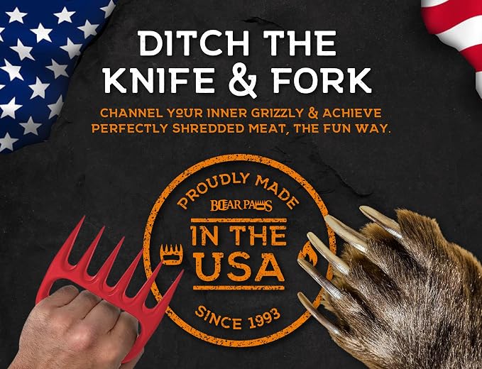 Bear Paws Meat Claws - The Original BBQ Meat Shredder Claws - Red | Shredder Claws for Pulled Pork, USA Made - Easily Lift, Shred, Pull and Serve Pork, Chicken, Brisket and Turkey