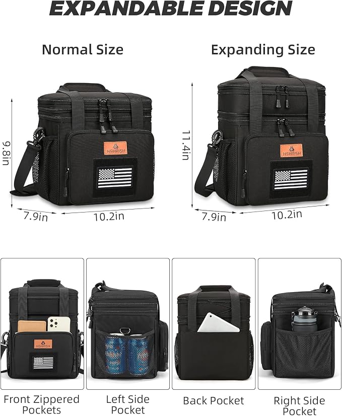 HSHRISH Expandable Large Tactical Lunch Box for Adults, Durable Insulated Lunch Bag with Lots of Storage Space, Cooler Bag for Men Women Work Outdoor Picnic Trip, 16 L, Black