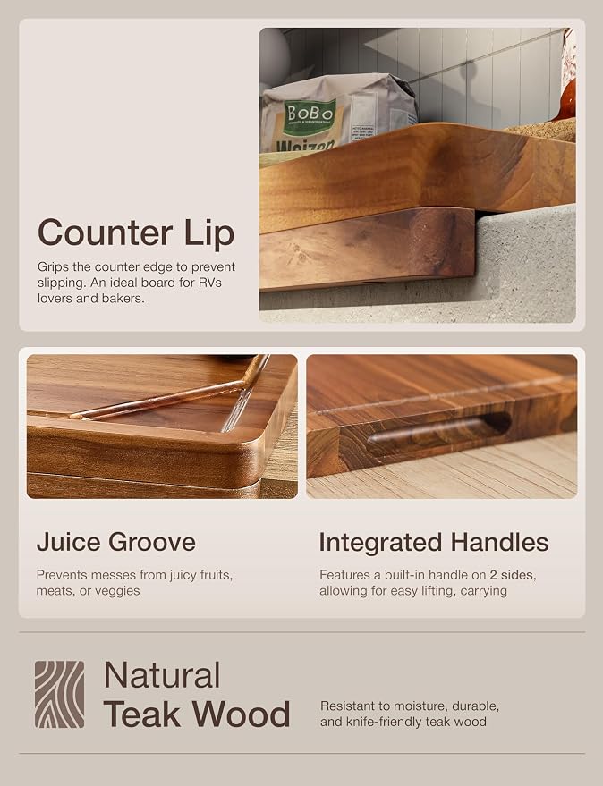 TIDITA Teak Wood Cutting Board with Lip, 16” x 12”, Handles, Easy Assemble | Solid Teak Wood, 16"x12" Cutting Board, Counter Lip Edge, Integrated Handles, Reversible Multi-Purpose Design. Juice Groove