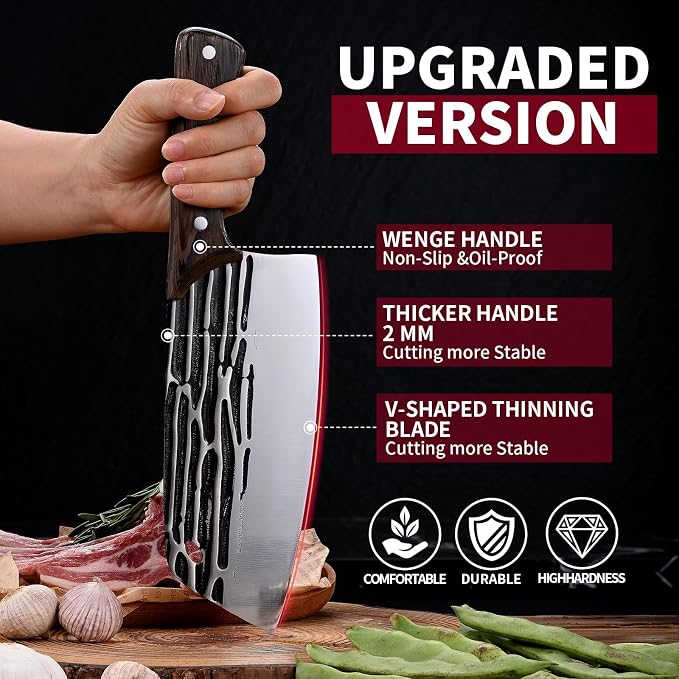 SHI BA ZI ZUO Forged Meat Cleaver Heavy Duty Kitchen Knife Chopping Knife for Vegetable and Meat Cutting,with Non-Slip Wooden Handle