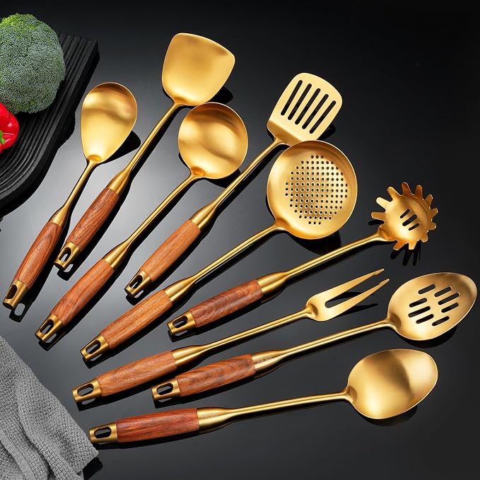 Gold Kitchen Utensils Set Stainless Steel 9 PCS with Wooden Handle | Food-grade 304, Sturdy, Wooden Handle, Anti scald, Work with large batches, Good weight, Well Balance, 13-14 Inch