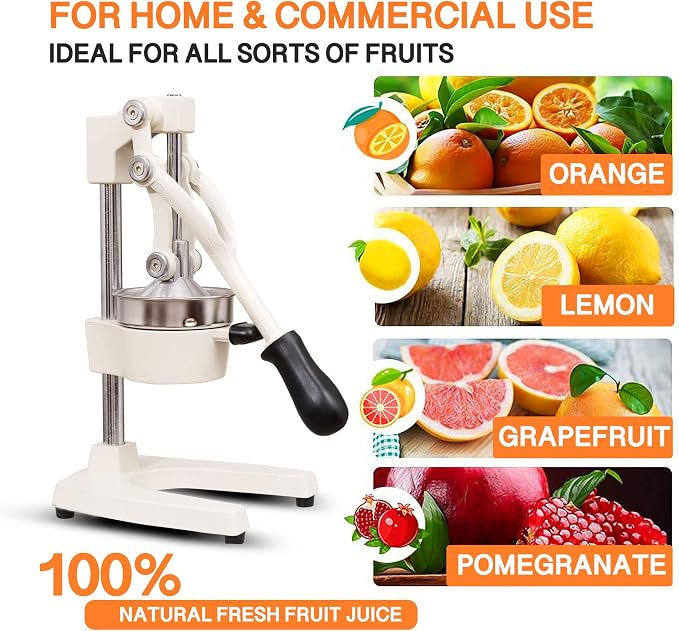 Commercial Heavy Duty Cast Iron Hand Press Manual Orange Citrus Lemon Lime Grapefruit Pomegranate Fruit Juice Squeezer Machine with Stainless Steel Cup White