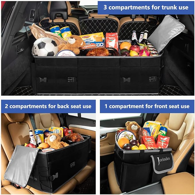 Trunk Organizer and Storage with Built-In Insulated Leak Proof Cooler Bag | Collapsible Cargo Organizer for SUV with Non Slip Strips, 3 Large Compartments Foldable Waterproof Portable Car Storage Box
