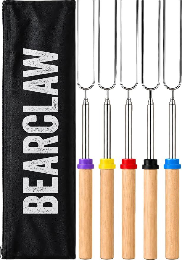 BEARCLAW Smores Sticks for Fire Pit - Accessories for Campfire Marshmallow Roasting Sticks Smores Kit Outdoor-Smore Skewers Hot Dog Fork For Outside - Camping Essentials Bonfire Gear Long 32" 5 Pack