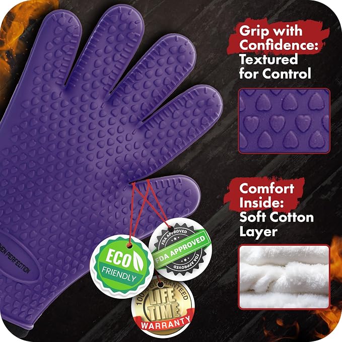 KITCHEN PERFECTION Silicone Smoker BBQ Gloves - Heat Resistant Oven Mitts | Waterproof, 5-Finger Design For A Better Grip, for Pitmasters, Meat Smoking, Grilling, Cooking, Frying Turkey | Grill Gift