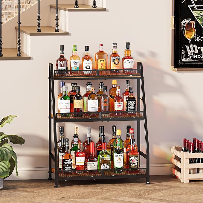 Hayexiha 3-Tier Expanded Liquor Stand, Freestanding Trapezoid Wine Rack | 40+Bottle Capacity: 24.8-inch-wide wood-and-steel stand has stepped shelves, safety fencing and adjustable feet.