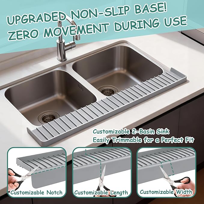 Silicone Sink Edge Protector Splash Guard, 30x4 Inch with Suction Cups & 5°Tilt, Cuttable for Kitchen Bathroom Countertops, Granite Quartz Surfaces (Gray)