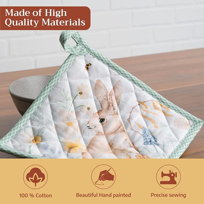 Maison d' Hermine Pot Holders 100% Cotton Potholders (8" x 8", Pack of 2) | Heat Resistant Hot Pads with Loop BBQ Cooking Baking Farmhouse Kitchen Handling Hot Pans Spring Summer - Easter Dew