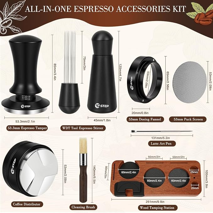 Y-Step 8 Pcs Espresso Accessories Kit, 53.3mm Espresso Tamper Kit Espresso Tools with Espresso Tamping Station, Coffee Tamper, Distributor, WDT Tool, Dosing Funnel, Puck Screen, Fits 54mm Portafilters