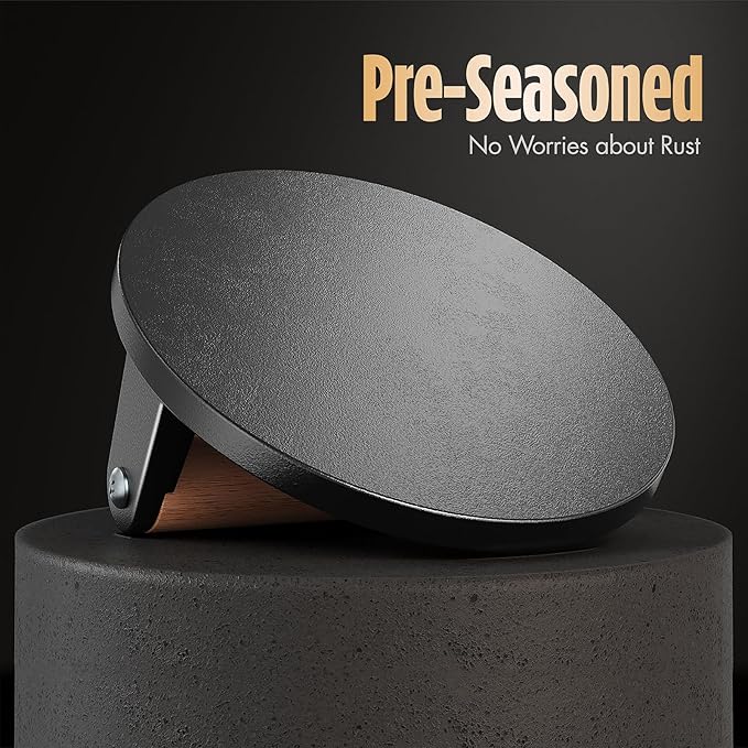 Pisol Pre-Seasoned Cast Iron Smash Burger Press, 2 lb Meat Press Tool 6.6” | Rustproof, Pre-Seasoned, Flat Bottom, Round, Wooden Handle, Dishwasher Safe, No Stick, Easy to Clean, 6.6'' Wide, 2lb