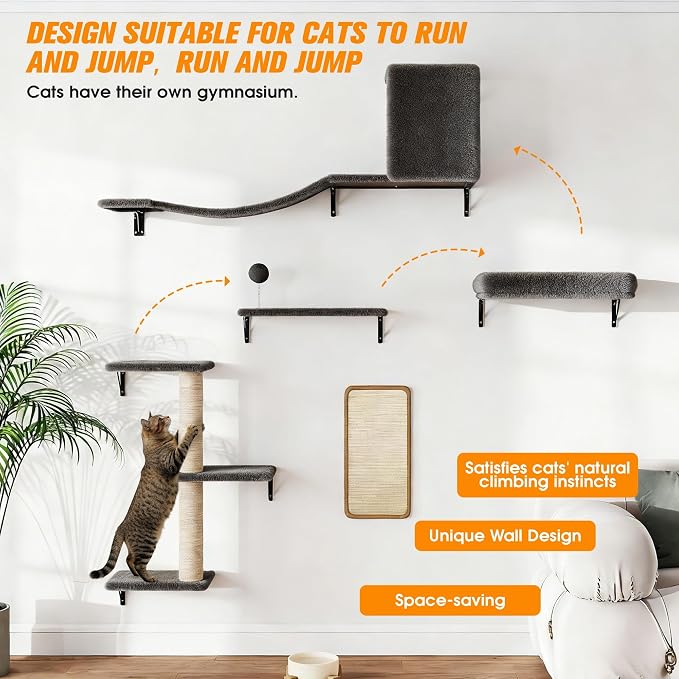 5 Pcs Wooden Indoor Cat Climber - Wall-Mounted Shelves, Perches, Scratching Board, Cat Ladder & Cat Tree - Grey