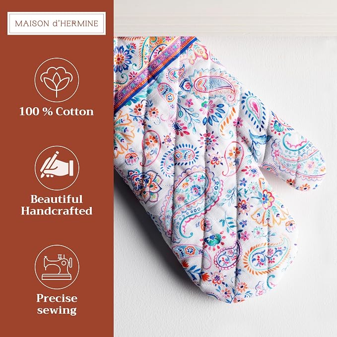 Maison d'Hermine Oven Gloves 100% Cotton Oven Mitt (7" x 13", Pack of 1) | With Loop Heat Resistant BBQ Cooking Gloves Baking Grilling Kitchen Handling Hot Pans Spring Summer - Indian Floral