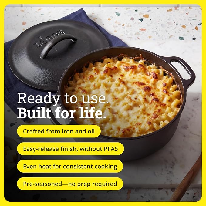 Lodge Cast Iron Dutch Oven 2 Quart - Loop Handle Cooking Vessel - Even Heat Retention - Oven-Safe, Versatile Pot