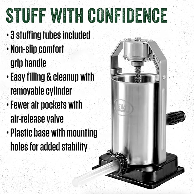 LEM Products 5 lb Sausage Stuffer, For Beginners & First-Time Sausage Making, Includes Stuffing Tubes, Removable Cylinder for Easy Cleaning, Air-Release Piston, Meat Stuffer Machine