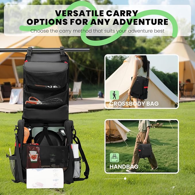Camp Kitchen Organizer, Hanging Kitchen Utensil Storage Bag for Camping | Cooking Tool Storage Caddy with Paper Towel Holder & Multi-Pockets for Car Travel, Picnics & BBQ Essentials, Gift for Campers