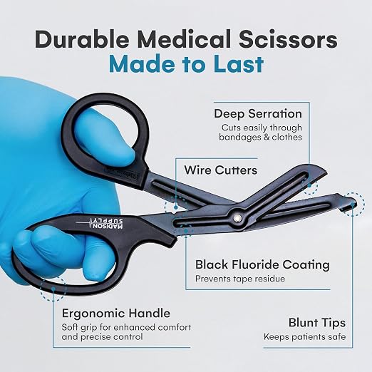 Madison Supply EMT and Trauma Shears for Left and Right Hand -7.5-Inch Bandage Scissors, Stainless Steel Medical Shears -Fluoride-Coated Blades for First Responder, Nurse, and Doctor (2 Pack, Black)