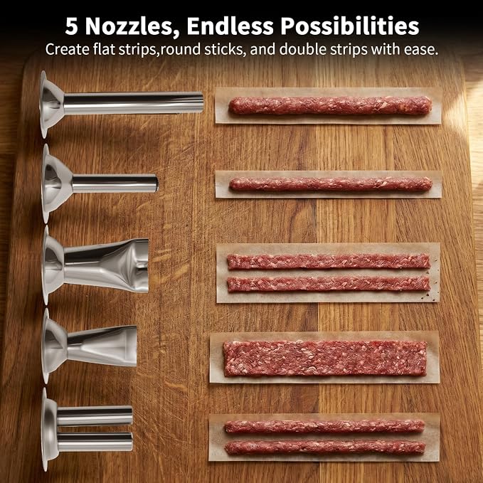 Hoypeyfiy Stainless Steel Jerky Gun Sausage Maker Sausage Stuffer Handmade Beef Jerky Gun with 5 Stainless Nozzles Meat Pusher Cleaning Brushes Kit (2LB)