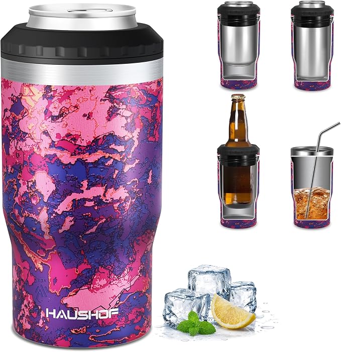 HAUSHOF 4-in-1 Insulated Can Cooler Fits 12oz Cans & Beer Bottle, Camo Red | Double-Wall Vacuum Insulated, 18/8 Stainless Steel, BPA-Free Lid, Slim Can Cooler for Camping, Beach & Picnic