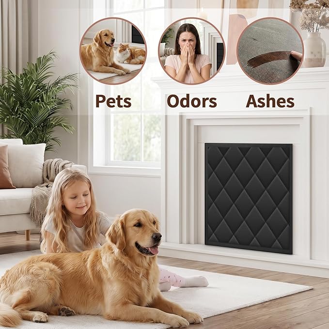 Fireplace Draft Cover, Fireplace Blocker Blanket with Hook and Loop Tapes, Indoor Fire Place Draft Stopper for Heat Loss Insulation Black 33" W x 29" H