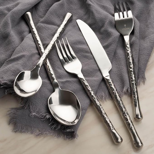 Glam Forged 20-Piece Silverware Set, 18/10 Stainless Steel Flatware, Unique Hammered Flatware Service for 4, Cutlery Set for Home Kitchen Hotel Restaurant Wedding Housewarming