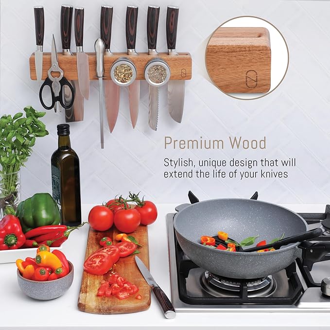 Premium 10 inch Magnetic Knife Holder for Wall with 2x Storage & Charming Wood - Knife Magnetic Strip, Under Cabinet Magnet Knives Storage - Magnet Strip Rack Kitchen Utensil Holder Organizer Tool