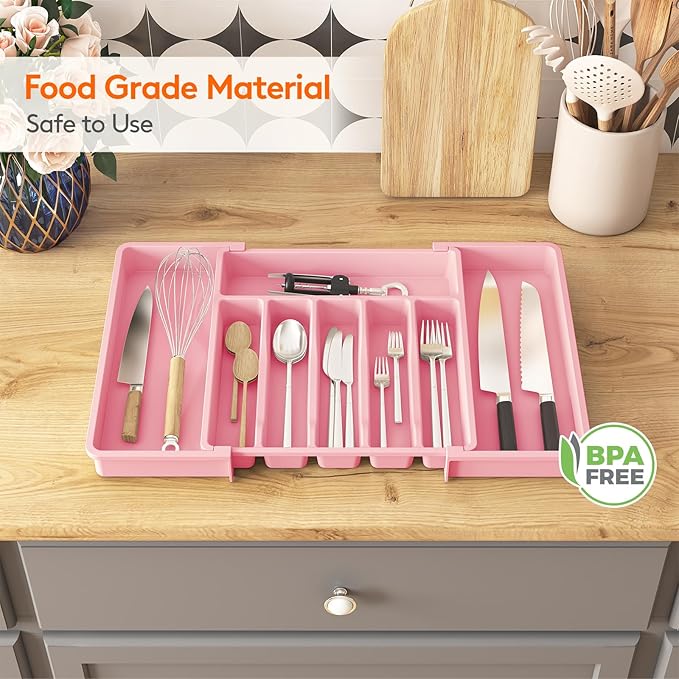 Lifewit Silverware Drawer Organizer, Expandable Utensil Tray for Kitchen, BPA Free Flatware and Cutlery Holder, Adjustable Plastic Storage for Spoons Forks Knives, Large, Pink