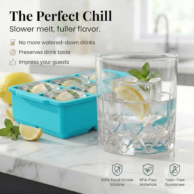 KitchFort® Large Silicone Ice Cube Tray (2-Pack) - 2" Big Ice Mold with Lid | Easy Release, Cocktail, Whiskey Ice Cubes Mold - Food Grade - Ice Cube Trays for Freezer - Stackable Silicone Ice Tray