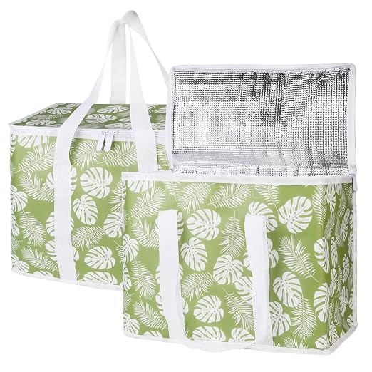 Bodaon 2-Pack Insulated Reusable Grocery Shopping Bags, X-Large Picnic Cooler Bag with Zipper Zippered Top Cold, Green-Leaf | Secure Zippered Top Warmer, Heavy Duty Insulated Food Delivery Bag, For Commercial Catering Rideshare Driver/Picnic, Foldable