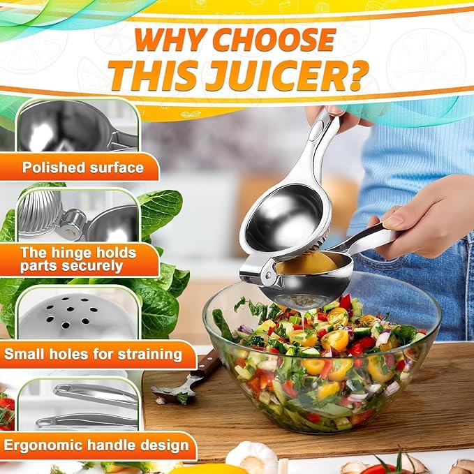 Stainless Steel Lemon Squeezer, 8.3 Inch Manual Hand Juicer (Silver) | Citrus Press with Built-In Seed Strainer, Juices Limes and Oranges for Cocktail Mixing, Corrosion-Resistant, Dishwasher Safe