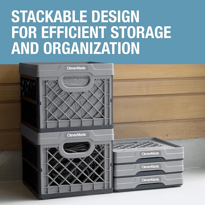 CleverMade Collapsible Milk Crates, 25L, 3 Pack, Holds 50 lb, Stone | Organize Files, Groceries, and Gear in One Crate | Built-In Rails Hold Letter Folders, While the Frame Stacks Securely