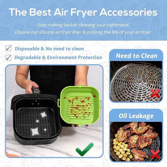 Silicone Air Fryer Liners - Square Reusable Airfryer Basket - Easy to Clean Air Fryers Silicone Pot for 5.8 to 8 Qt Air Fryer Baking Tray Oven Accessories, 8.5 Inch Large