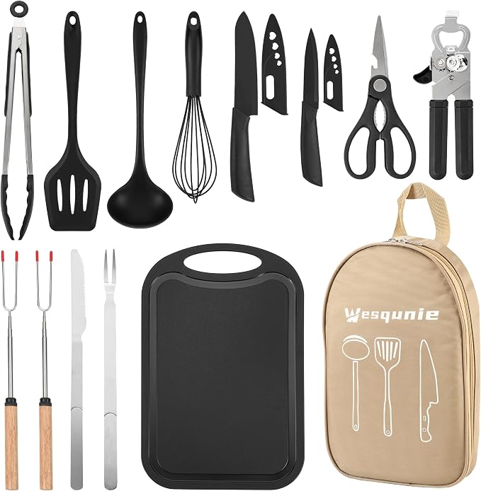 Wesqunie Camping Cooking Utensils Set, Cookware Set for Outdoor Hiking BBQ | Stainless Steel & Silicone Mess Kit, Durable Outdoor Kitchen Gear for Hiking, RV, Picnic Grill & Travel Camping Meal Prep