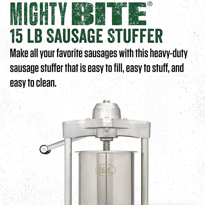 LEM Products MightyBite 15 lb Vertical Sausage Stuffer, Stainless Steel Meat Stuffer Machine for Home Kitchen Use, Large-Batch Sausage Maker with Air-Release Piston and Stuffing Tubes
