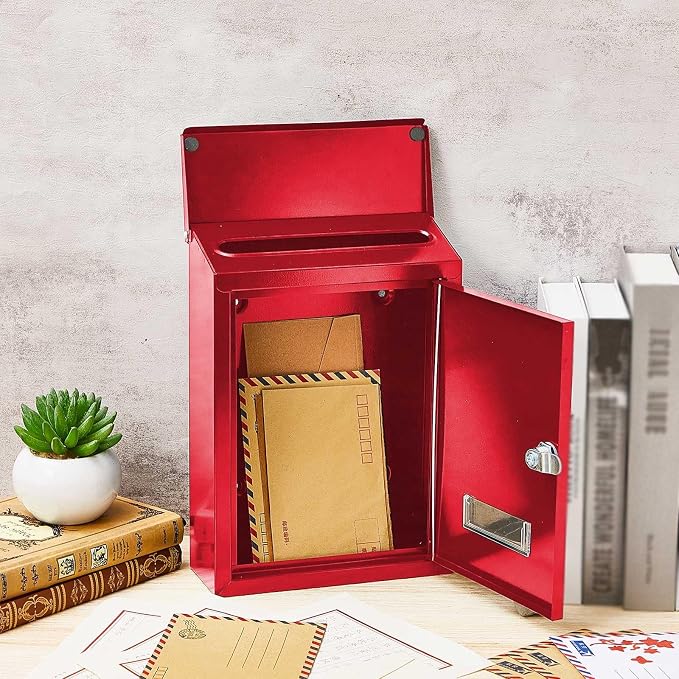Amylove Weatherproof Mail Boxes with Key Lock, Security Locking Wall Mount Metal Mailbox with Slot for Outside, Large Capacity for Mail, Packages, Donations, Voting 11.8" H x 8.3" L x 2.8" W, Red