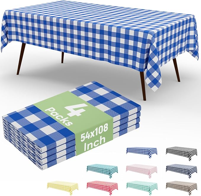 4 Packs Buffalo Disposable Table Cloth, 54 x 108 Inch Waterproof Plastic Tablecloth, Rectangle Blue and White Checkered Table Covers for Picnic, Birthday, Party, Back to School