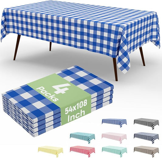 4 Packs Buffalo Disposable Table Cloth, 54 x 108 Inch Waterproof Plastic Tablecloth, Rectangle Blue and White Checkered Table Covers for Picnic, Birthday, Party, Back to School
